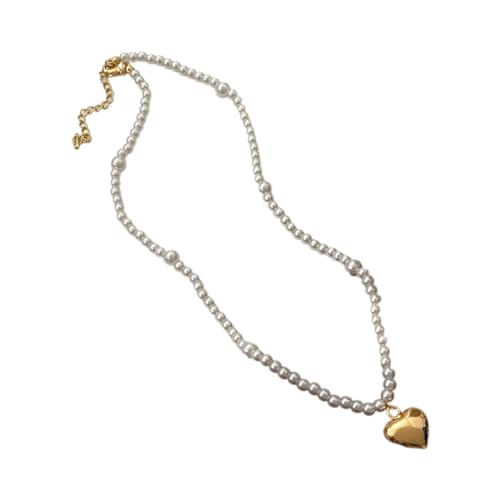 Asukohu Vintage Perlenkette für Frauen Herzanhänger süße Perlen Choker Halsketten, 12 mm, Imitationsperle von Asukohu