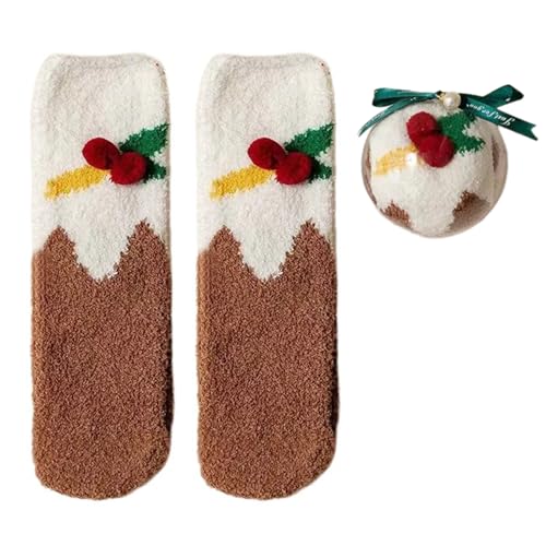 Asukohu Warme Plüsch-Socken mit Weihnachtsmotiven, Korallen-Fleece-Socken mit Bällen, Dekoration für Familienfeiern, Weihnachtsmann-Muster, Hausschuhsocken, Weihnachtsbaum, Einheitsgröße von Asukohu