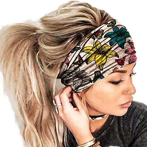 Haarband für Yoga, Laufen, Sport, Blumenmuster, elastisches Slip-Haarband, breiter Turban, Workout-Stirnbänder für Damen, florales Stirnband, modisch, Yoga, Sport von Asukohu