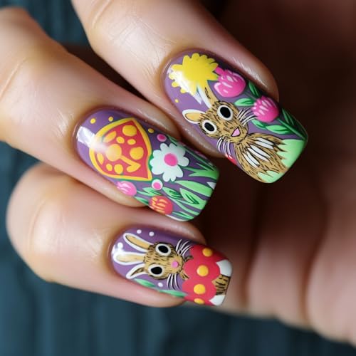 Künstliche Nägel, quadratisch, zum Aufkleben, für Damen und Mädchen, Oster-Design, 24 Stück von Asukohu