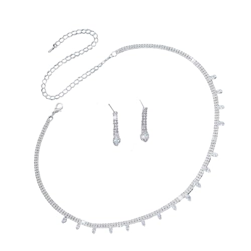 Luxuriöses Hochzeits-Accessoire-Set mit Strasssteinen, eingelegtes Brautschmuck-Set mit Halskette und Ohrringen für einen eleganten Look, verstellbare Halskettenlänge von Asukohu