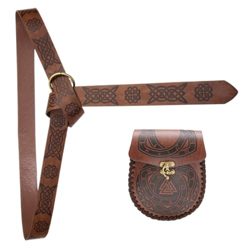 Mittelalter Kostüm Gürtel mit Münztasche Verstellbarer PU Leder Taillengürtel und Geldbörse Set Halloween Party Cosplay Zubehör, Braun B von Asukohu