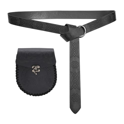 Mittelalter Kostüm Gürtel mit Münztasche Verstellbarer PU Leder Taillengürtel und Geldbörse Set Halloween Party Cosplay Zubehör, Schwarz A von Asukohu