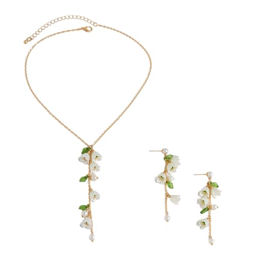Ohrhänger mit grünen Blättern und Blumen, Perlen-Quasten, elegantes Blumendesign, Schmuck, Legierung, Textur für Damen, Schmuck-Set aus Legierung von Asukohu