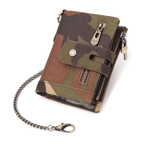Stilvolle Herren-Geldbörse aus Oxford-Stoff mit Metall-Sicherheitskette und Reißverschluss-Taschen für Reisen, Kartenhalter, Geldbörse, stilvolle Herren-Geldbörse, camouflage, Mass Beauty von Asukohu