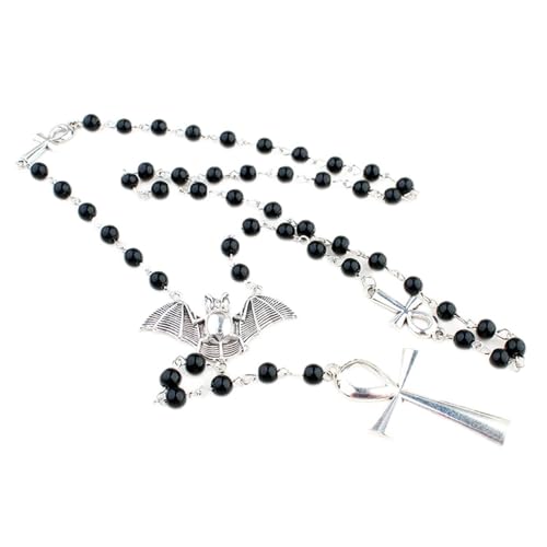 Vampir-Ankh-Kreuz-Halskette, schwarze Perlen, Fledermaus-Halskette, Gothic-Schmuck, für Damen und Herren, modisches Accessoire, Halloween-Kostüm-Schmuck, Einheitsgröße, Wie beschrieben, Wie von Asukohu