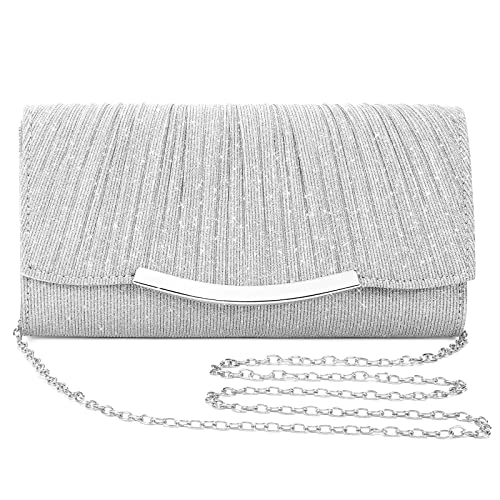 Asvert Abendtasche Damen Clutch Brauttasche Elegant Damen Satin Clutch Kettentasche Handtasche Hochzeit Mädchen klein Umhängetasche für Party Freizeit Women's Clutches Tasche Damen Elegant(Silber) von Asvert