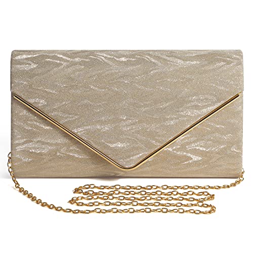 Asvert Damen Clutch Abendtasche, Brauttasche Elegante, Damen Satin Clutch, Kettentasche Gold/Silber für Hochzeit, Party, Freizeit, Umhängetasche Mädchen klein Umhängetasche (Stil 2-Gold) von Asvert