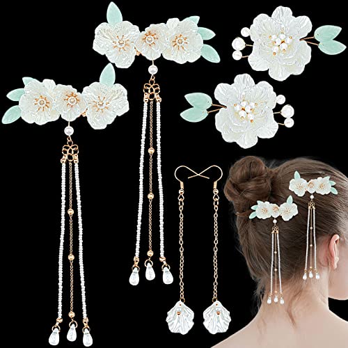 3 Paar Blumen Perlen Haarspangen Ohrringe Quaste Haarnadel Weiß Vintage Blume Entenschnabel Haarspangen Kawaii Kimono Perle Floral Braut Hochzeit Haarschmuck für Frauen von Aswewamt