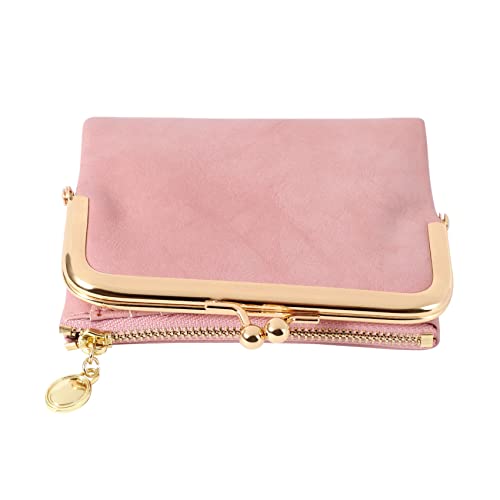 Asyduey Damen Kurz Brieftasche Bifold Retro Multifunktions GeldböRse mit ReißVerschluss und Kiss Lock Rosa von Asyduey