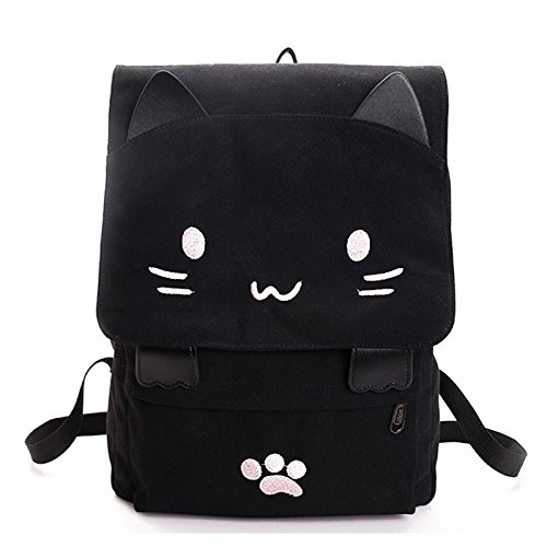 Asyduey Mode Nette Katze Stickerei Leinwand Student Tasche Cartoons Frauen Rucksack Schultasche schwarz & von Asyduey