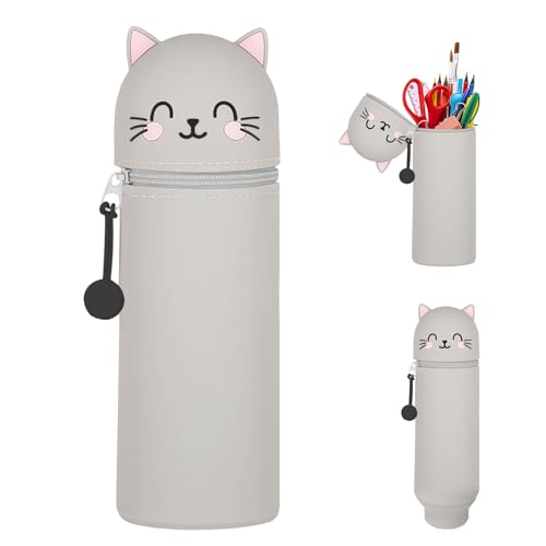 Kawaii Federmäppchen Mäppchen Mädchen Junge 2-in-1 Weiche Silikontasche, Stand Up Federmäppchen, Tier Stifthalter, Tischstifthalter Cartoon, Stifte Mäppchen,Stifthalter Bleistifttasche (Katze) von AsyinXson