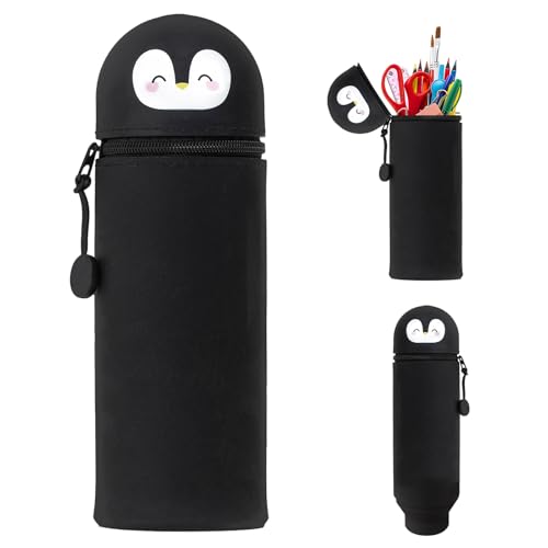 Kawaii Federmäppchen Mäppchen Mädchen Junge 2-in-1 Weiche Silikontasche, Stand Up Federmäppchen, Tier Stifthalter, Tischstifthalter Cartoon, Stifte Mäppchen,Stifthalter Bleistifttasche (Pinguin) von AsyinXson