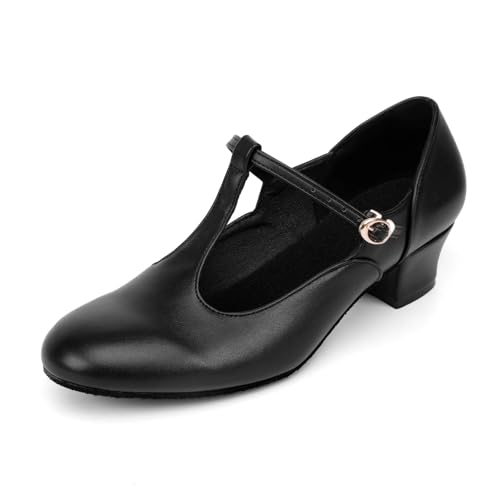 Asyusyu Schwarze Tanzschuhe mit T-Steg, niedriger Absatz, Tanzschuhe für Damen, mattes schwarz, 37.5 EU von Asyusyu