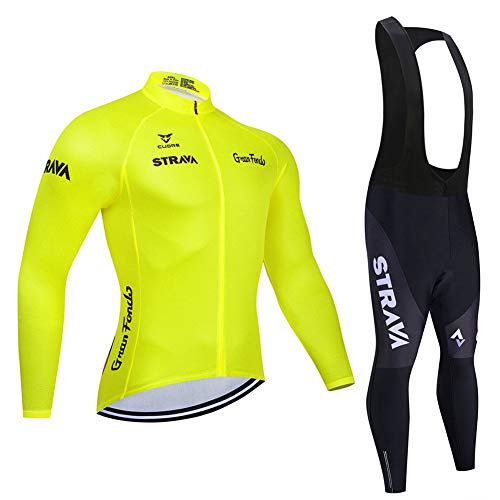 Atack-B Herren Langarm Radsportanzüge Set Radtrikot Mit 9D Gel Gepolsterter Trägerhose Herbst Winter Thermal Fleece Winddichter Mantel Fahrradbekleidung Set (Gelb 3,M) von Atack-B