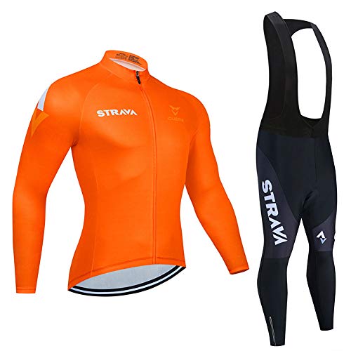Atack-B Herren Langarm Radsportanzüge Set Radtrikot Mit 9D Gel Gepolsterter Trägerhose Herbst Winter Thermal Fleece Winddichter Mantel Fahrradbekleidung Set (Hell orange 1,XXL) von Atack-B
