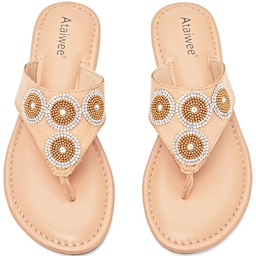 Ataiwee Damen Flache Slide-Sandalen-Bequeme und lässige Bohème-String-Flip-Flops für den Sommer (2307003,BR/MF,43) von Ataiwee