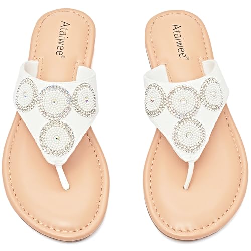 Ataiwee Damen Flache Slide-Sandalen-Bequeme und lässige Bohème-String-Flip-Flops für den Sommer (2307003,WT/MF,43) von Ataiwee