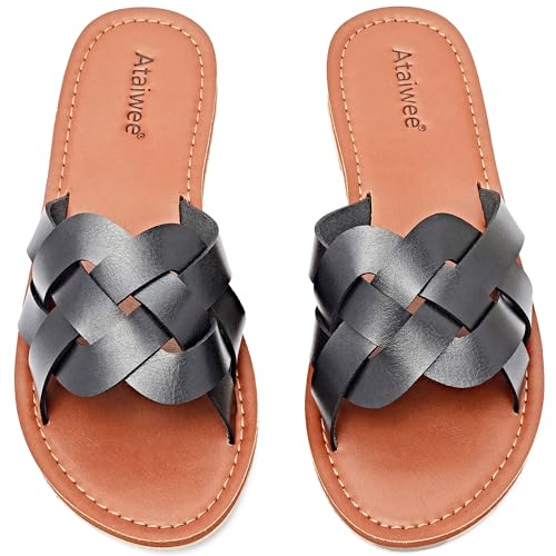 Ataiwee Frauen Slide Sandalen - Komfortable Slip On Mode Strappy Flache Sommer Schuhe.(1908002,BK/MF,38.5) von Ataiwee