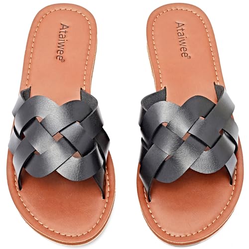 Ataiwee Frauen Slide Sandalen - Komfortable Slip On Mode Strappy Flache Sommer Schuhe.(1908002,BK/MF,39) von Ataiwee