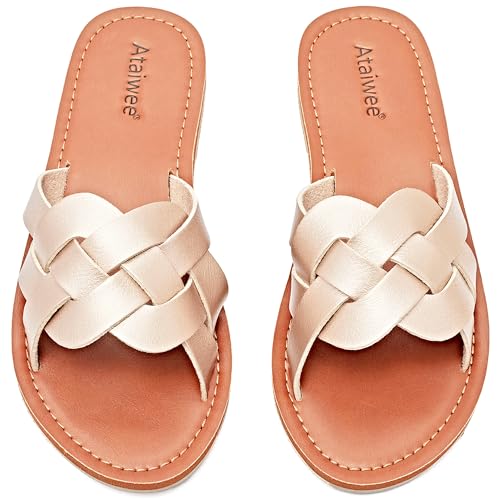 Ataiwee Damen Slide Sandalen - Komfortable Slip On Mode Strappy Flache Sommer Schuhe.(1908002,GD/MF,44) von Ataiwee