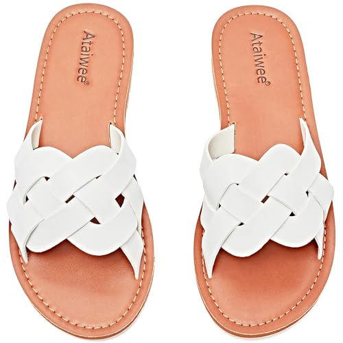 Ataiwee Frauen Slide Sandalen - Komfortable Slip On Mode Strappy Flache Sommer Schuhe.(1908002,WT/MF,38) von Ataiwee