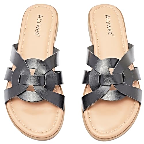 Ataiwee Frauen Slide Sandalen - Lässige Sommer-Damensandalen mit Kreuzriemen(2307013,BK/MF,36.5) von Ataiwee