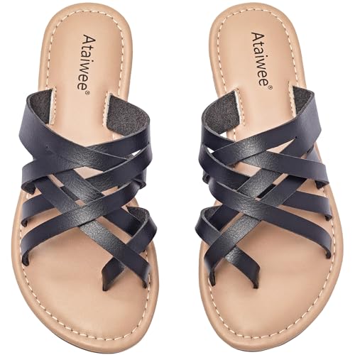 Ataiwee Frauen Slide Sandalen - Mode Slip On Tanga Riemchen Frühling Sommer Schuhe.(1908021,BK/MF,36.5) von Ataiwee