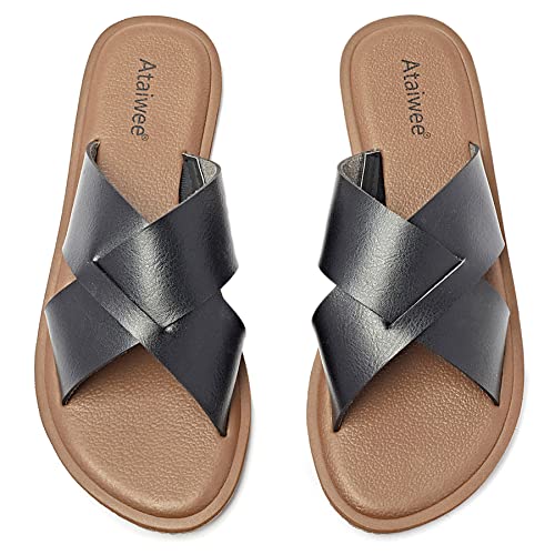 Ataiwee Frauen flache Sandalen - Casual Doppelbänder Cross Front Strappy Slip auf weichen Frühling Sommer Schuhe.(2008048-2,BK/PU,40.5) von Ataiwee