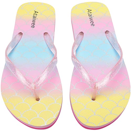 Ataiwee Mädchen-Flip-Flop, kleine/große Kinder-Strandsandalen, bunt bedruckte Sandalen für Kinder.(2005001-2,PK/SC,34.5) von Ataiwee