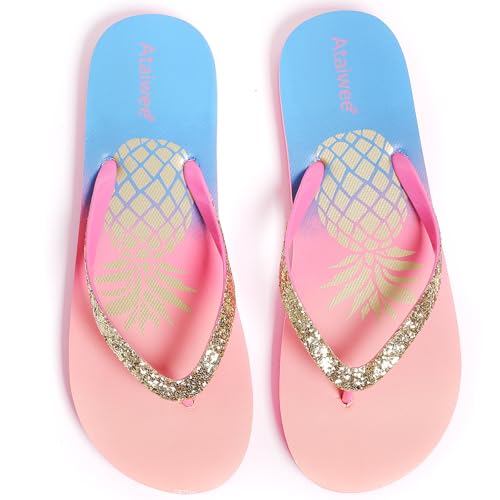 Ataiwee Mädchen Flip Flops - Kinder Strand Tier Obst Print Sommer Zehentrennung Flache Sandalen.(2002001,PK/BL,34.5) von Ataiwee