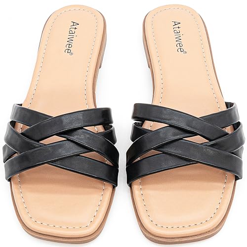 Ataiwee Weite Frauen Slide Sandalen - Modische Damen-Sommersandalen mit Kreuzriemen.(2307017,BK/MF,41) von Ataiwee