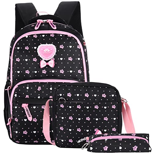 Atarni Schulrucksack Mädchen Schultasche Kinder Rucksack – Schulranzen mit Lunchpaket & Federmäppchen Set Ergonomischem Design Schule Ranzen Grundschule School Bags for Girls (Schwarz 1) von Atarni