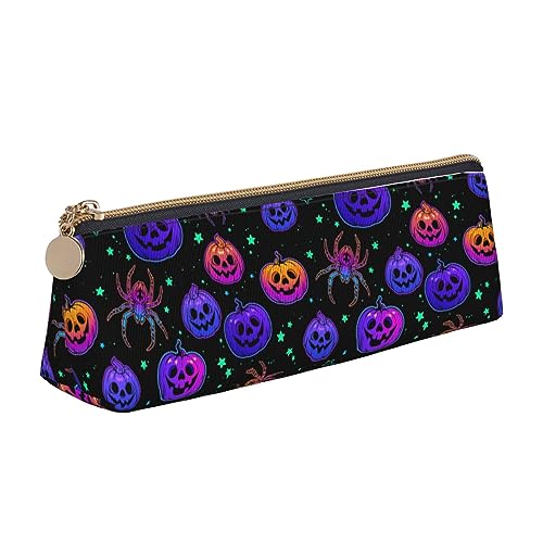 Atasc Federmäppchen aus Leder mit violettem Kürbis-Fledermaus, Halloween-Motiv, mit metallischem Reißverschluss, Stifteetui, Reise-Make-up-Tasche, großes Fassungsvermögen, für Mädchen, Jungen, Frauen, von Atasc