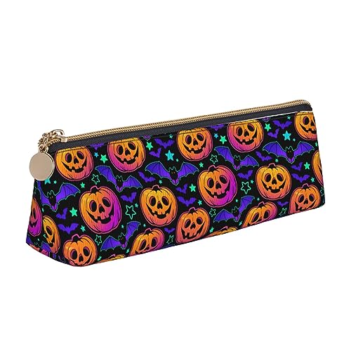 Atasc Helles Federmäppchen mit Halloween-Kürbissen und Fledermäusen, Leder, mit metallischem Reißverschluss, Stifteetui, Reise-Make-up-Tasche, großes Fassungsvermögen, für Mädchen, Jungen, Frauen, von Atasc