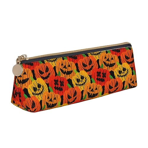 Atasc Helles Federmäppchen mit gruseligem Halloween-Kürbis-Muster, Leder, mit metallischem Reißverschluss, Stifteetui, Reise-Make-up-Tasche, große Kapazität, für Mädchen, Jungen, Frauen, Männer, siehe von Atasc