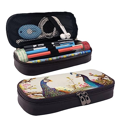 Atasc Orientalischer Pfau auf Blume Baum (2) Bedrucktes Leder Bleistift Tasche Große Kapazität Stifttaschen Niedlich Bleistift Fall Kosmetik Organizer Tasche mit Reißverschluss, siehe abbildung, von Atasc