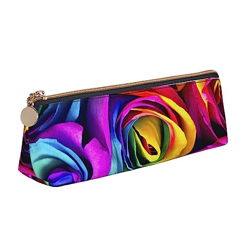 Atasc Regenbogen Rose Blume Aquarell Gedruckt Frauen Leder Bleistift Tasche Große Kapazität Bleistift Fall Stift Tasche mit Reißverschluss für Büro, siehe abbildung, Einheitsgröße, Taschen-Organizer von Atasc