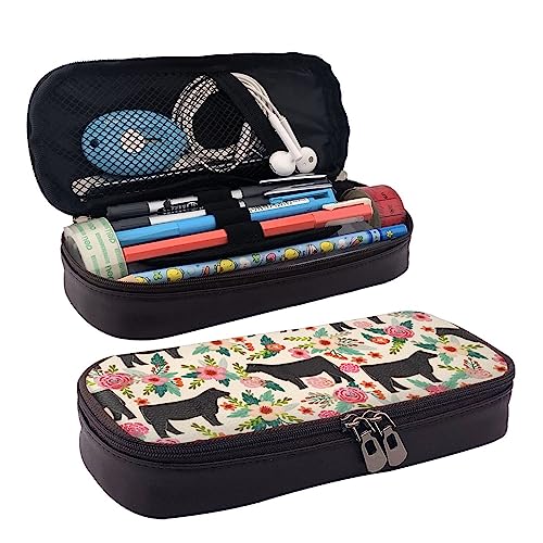 Atasc Rosa Blume Show Steer Kühe Rinder Gedruckt Leder Bleistift Tasche Große Kapazität Stift Taschen Niedlich Bleistift Fall Kosmetik Organizer Tasche mit Reißverschluss, siehe abbildung, von Atasc