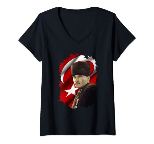 Damen Mustafa Kemal Atatürk Türkiye T-Shirt mit V-Ausschnitt von Atatürk Cumhuriyet
