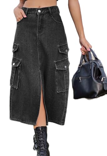 Atditama Damen Twill Baumwolle Multi-Pocket Cargo Rock High Rise Elastische Taille Lange Jeansrock mit Taschen, 029 Denim Black, 38/40 DE von Atditama