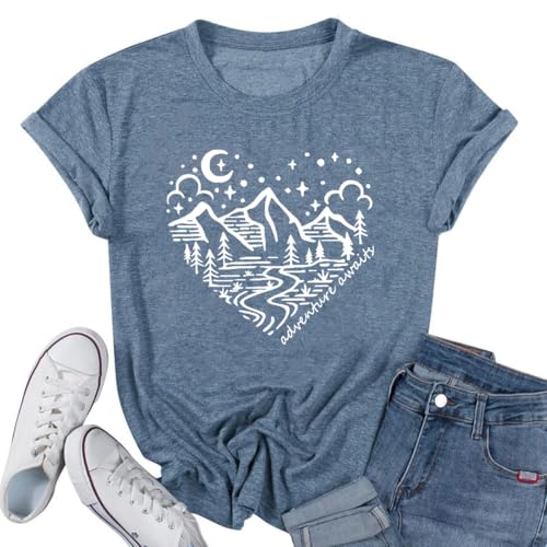 Damen-T-Shirt mit Aufschrift "Mountain Shirts and So The Adventure Begins", Sonnenschein, Mond, Natur, Kiefer, Grafik-T-Shirt, Herz, Let's Go Find It Top, Ink Blue-Moon, X-Groß Damen-T-Shirt mit Aufschrift "Mountain Shirts and So The Adventure Begins", Sonnenschein, Mond, Natur, Kiefer, Grafik-T-Shirt, Herz, Let's Go Find It Top, Ink Blue-Moon, X-Groß von Atearer