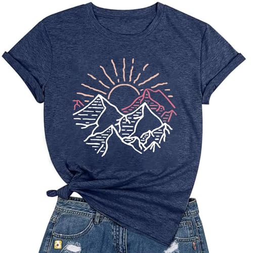 Mountain Shirt für Damen, lustige Sonnenschein-Grafik, Workout-Tops, Sommer-T-Shirt, lockere Passform, kurzärmeliges Oberteil, Dunkelblau, X-Groß Mountain Shirt für Damen, lustige Sonnenschein-Grafik, Workout-Tops, Sommer-T-Shirt, lockere Passform, kurzärmeliges Oberteil, Dunkelblau, X-Groß von Atearer