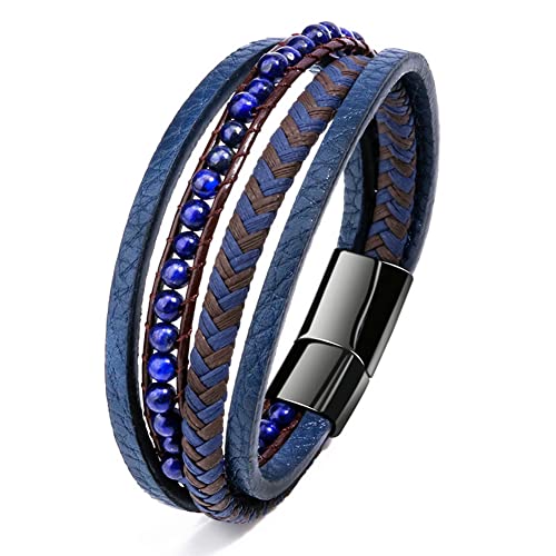 Ategazza Armband Naturstein Tigerauge Mehrschichtiges Leder Armbänder 21cm Blau gb512 von Ategazza