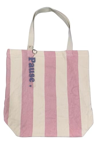 Atelier Kokoro Strandtasche aus Frottee, gestreift – Kollektion PAUSE Pastell – mit Grigri Acryl "Pause", Rosa von Atelier Kokoro