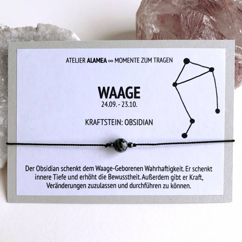 sternzeichen Waage Wunscharmband Glücksarmband Obsidian Edelstein Geschenk Armband Astrologie Kraftstein Kleines Schmuck von AtelierAlamea