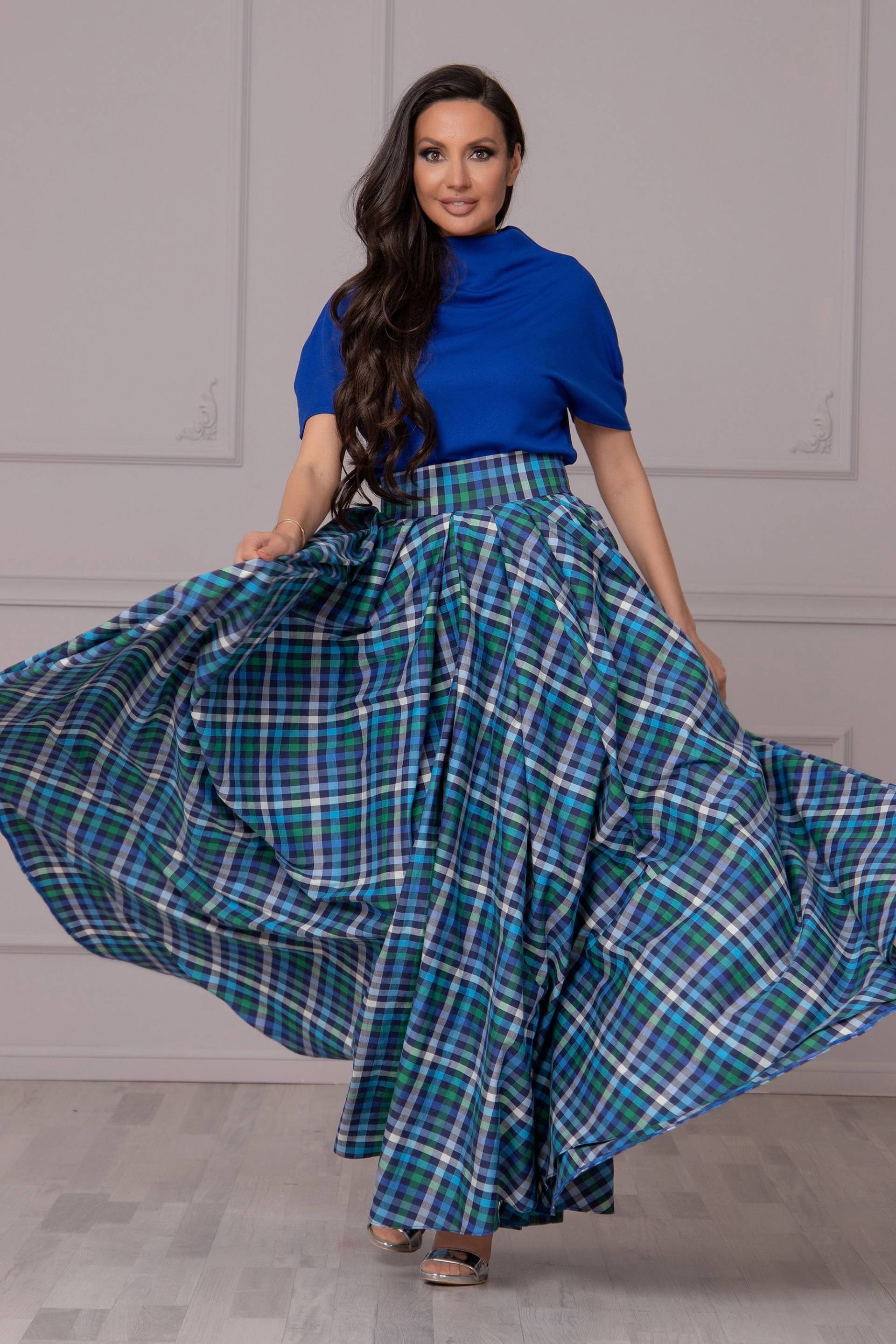 Maxi Blauer Tartan Rock Karierter Baumwollrock in A-Linie Mit Hohem Bund von AtelierAstraea