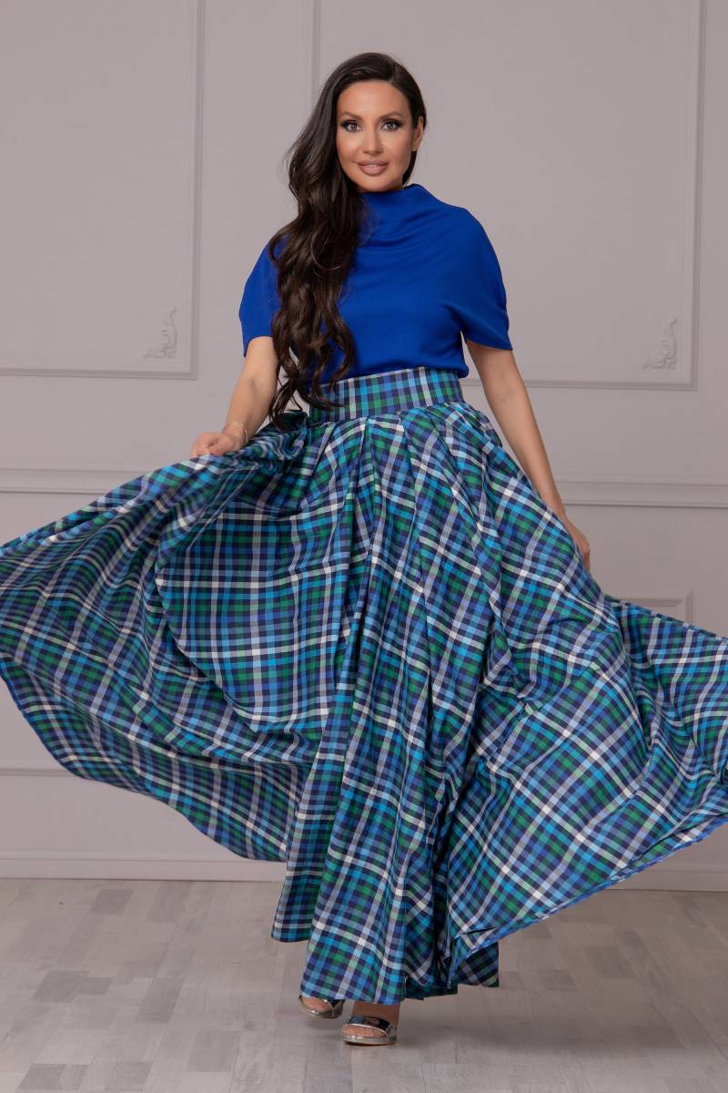 Maxi Blauer Tartan Rock Karierter Baumwollrock in A-Linie Mit Hohem Bund von AtelierAstraea