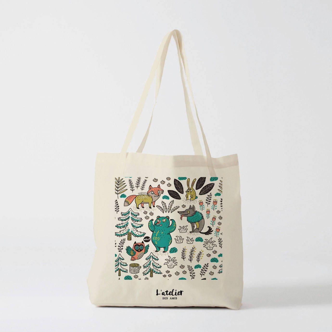 x496Y Tote Bag Natur Bären, Wolf, Leinenbeutel, Baumwolltasche, Lauftasche, Handtasche, Packtasche, Freundeswerkstatt von AtelierDesAmis