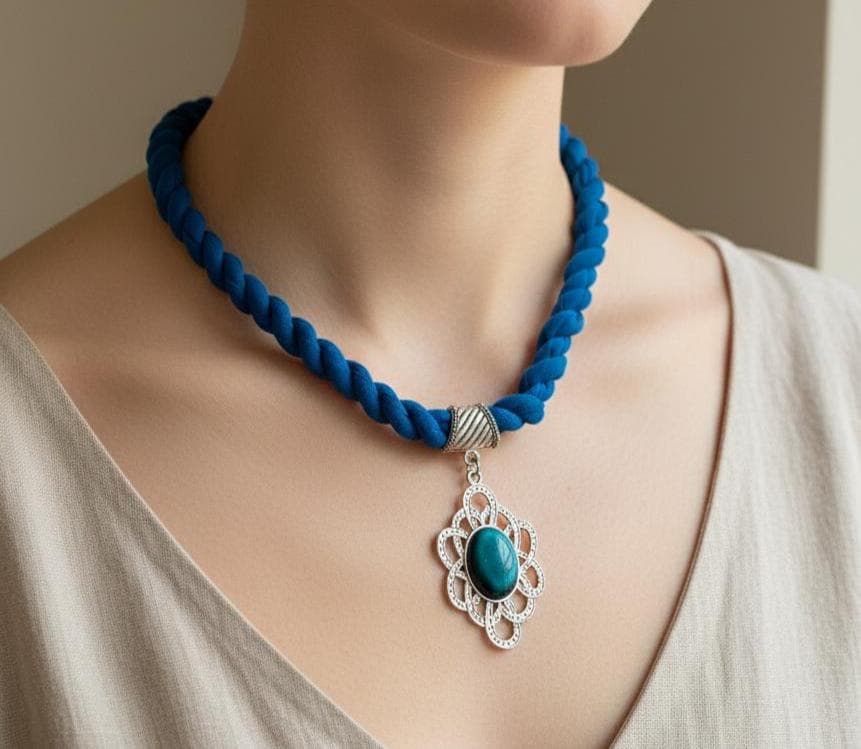 Textil-Halskette in Blau Mit Silbernem Anhänger Und Stein von AtelierEMINE